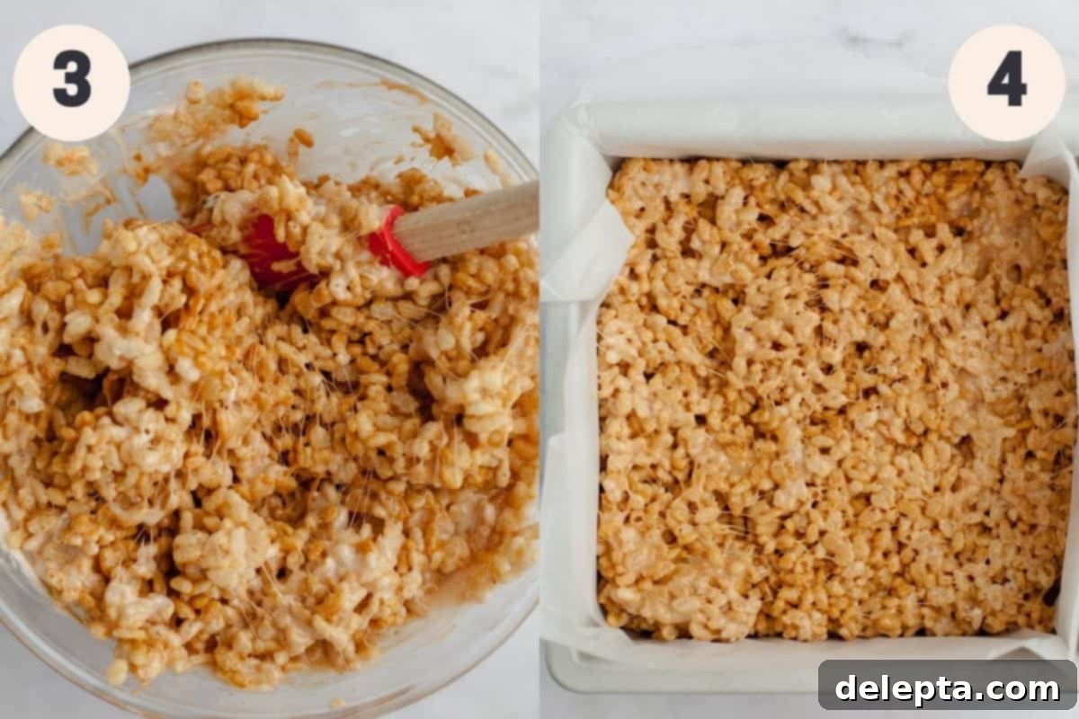 Ultimate Biscoff Krispie Bars 5 A glass bowl with the thoroughly mixed rice krispie treat mixture, then the mixture pressed into a square pan.