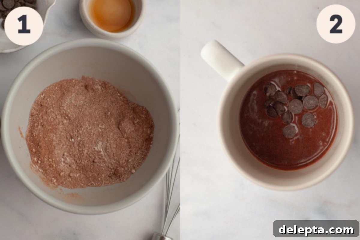 Mugful of Cocoa Bliss 4 A bowl with cocoa powder and flour in it, alongside a white mug ready with unbaked chocolate mug cake batter.