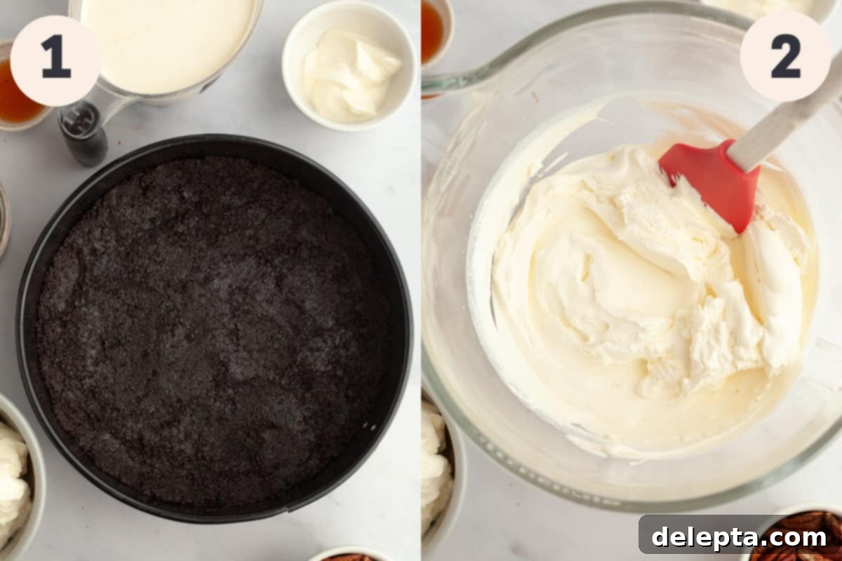 Irresistible No-Bake Turtle Dream 4 A 9-inch springform pan containing a pressed Oreo crust, alongside a bowl of freshly whipped heavy cream.