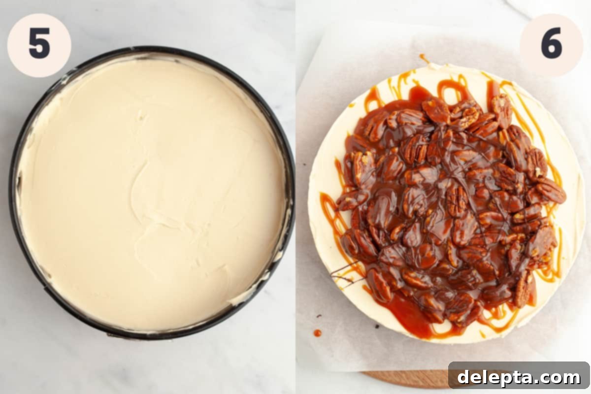 Irresistible No-Bake Turtle Dream 6 A 9-inch springform pan holding the assembled turtle cheesecake pie, with the top generously covered in sticky caramel pecans.
