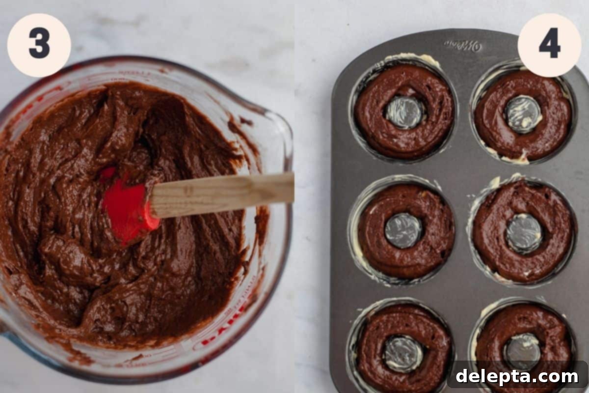 Decadent Glazed Chocolate Cake Doughnuts 5 A large jug filled with thick chocolate doughnut batter, next to a doughnut pan with several cavities already filled with the unbaked batter, illustrating the next steps of the doughnut preparation.