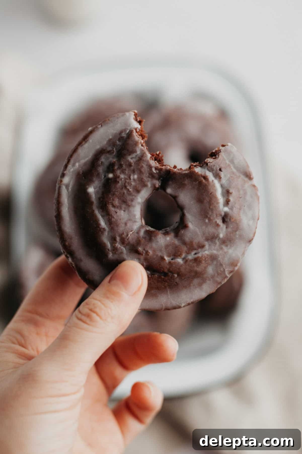 Decadent Glazed Chocolate Cake Doughnuts 7 A hand gently holding a glazed chocolate doughnut with a small bite taken out, revealing its moist, dark crumb.