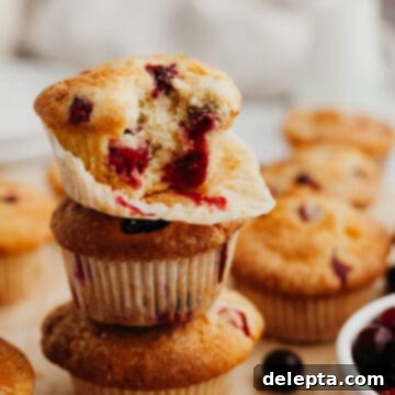 Bakery Fresh Cranberry White Chocolate Muffins 8 A stack of warm, golden-brown cranberry white chocolate muffins, generously sprinkled with sparkling sugar, sitting on parchment paper, ready to be enjoyed as a delightful breakfast or snack.