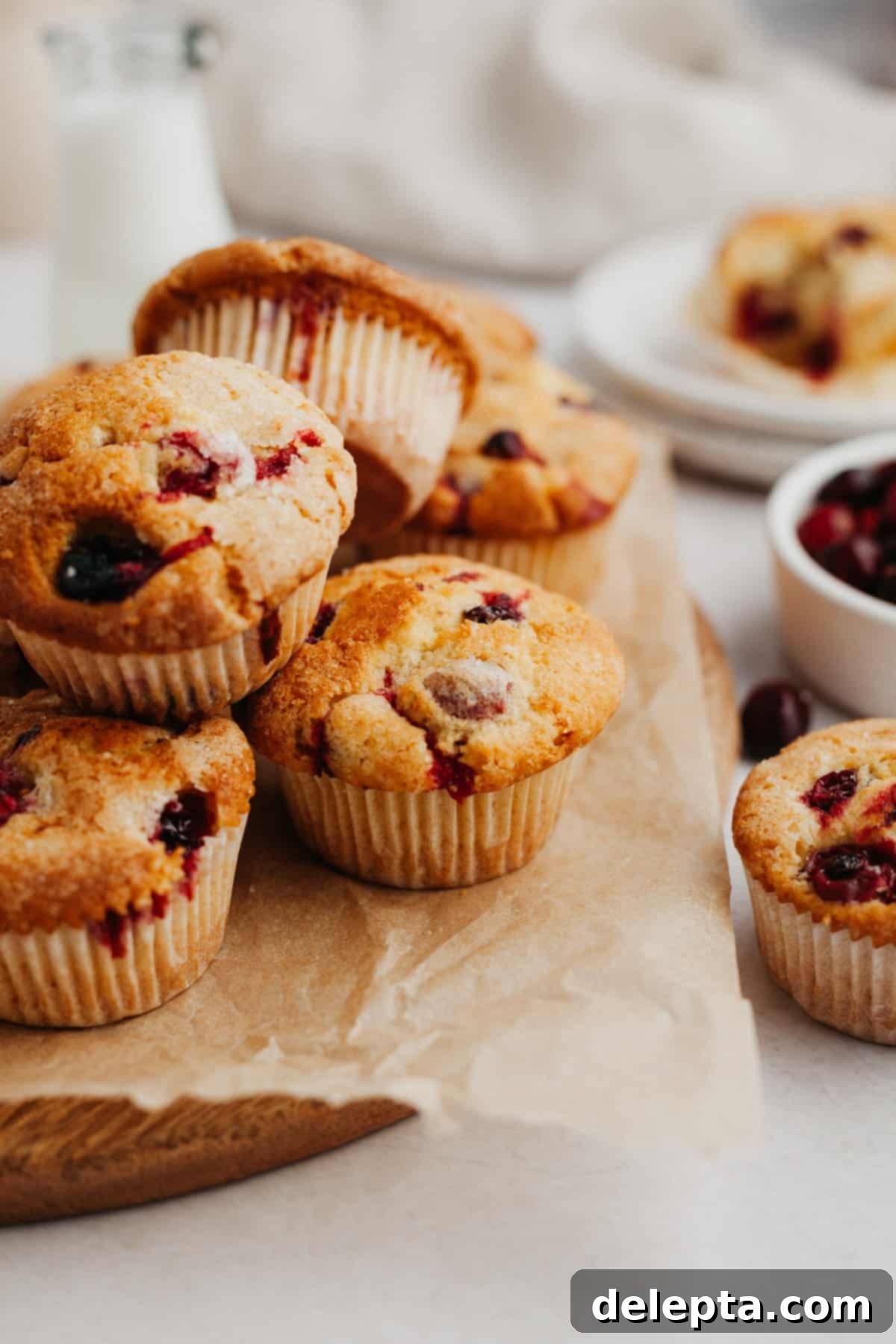 Bakery Fresh Cranberry White Chocolate Muffins 7 A warm pile of freshly baked cranberry white chocolate muffins, glistening with sparkling sugar and studded with crimson cranberries, arranged on parchment paper to cool, emanating warmth and delicious aroma.