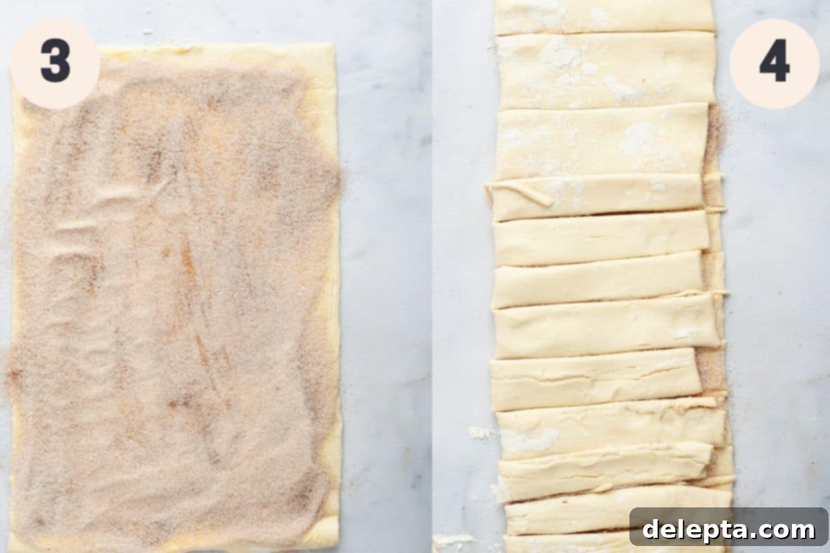 Flaky Cinnamon Twists 5 First image shows a rectangular puff pastry sheet fully covered in a cinnamon sugar mixture. The second image shows the pastry folded in half lengthwise, with a pizza cutter slicing it into strips.
