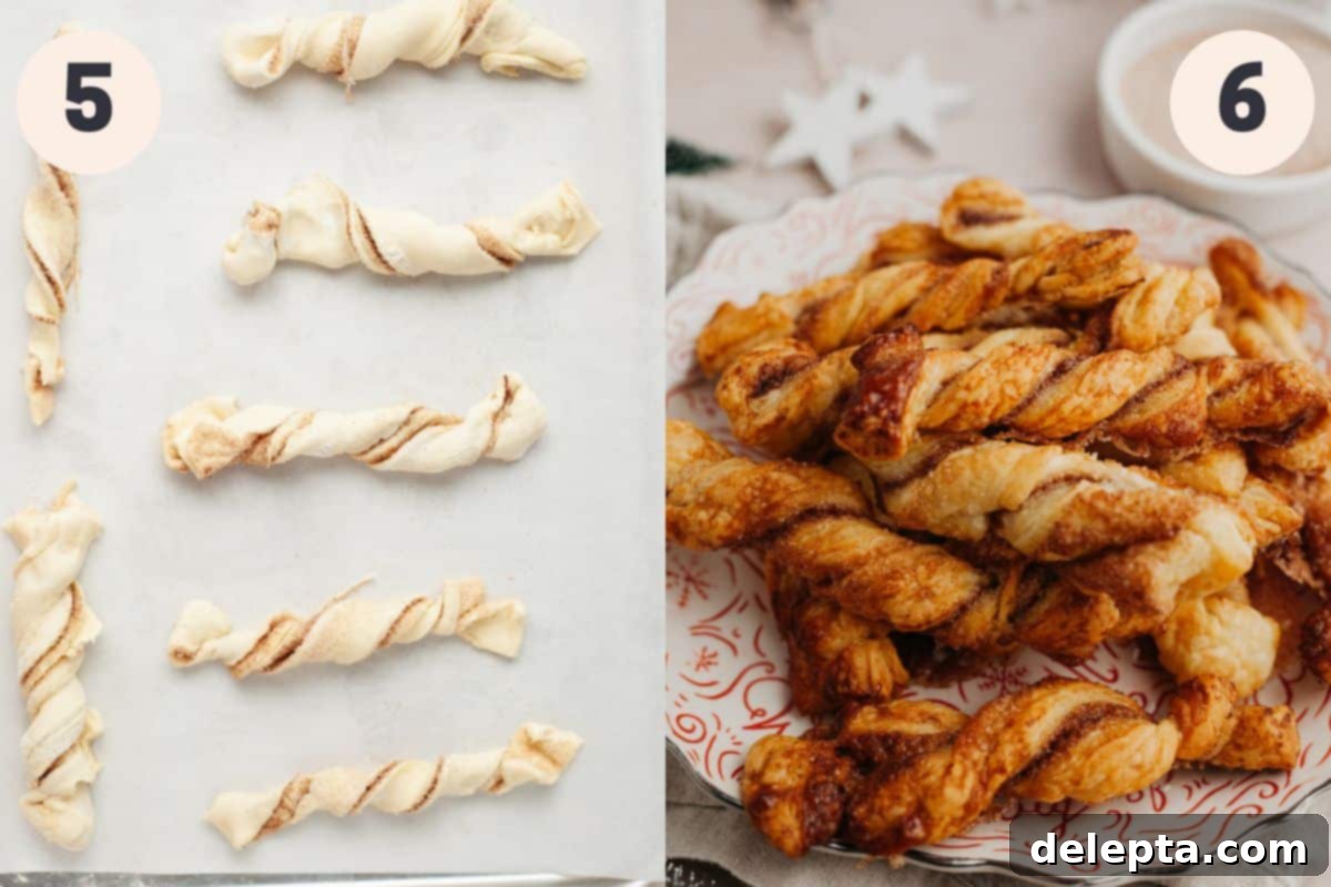 Flaky Cinnamon Twists 6 The first image displays raw, twisted cinnamon sugar pastry strips laid out on parchment paper on a baking sheet. The second image shows the finished, golden-brown twists arranged on a red and white serving plate.