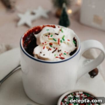 Velvet Mug Bliss 7 A red velvet mug cake topped with whipped cream and red and green sprinkles.
