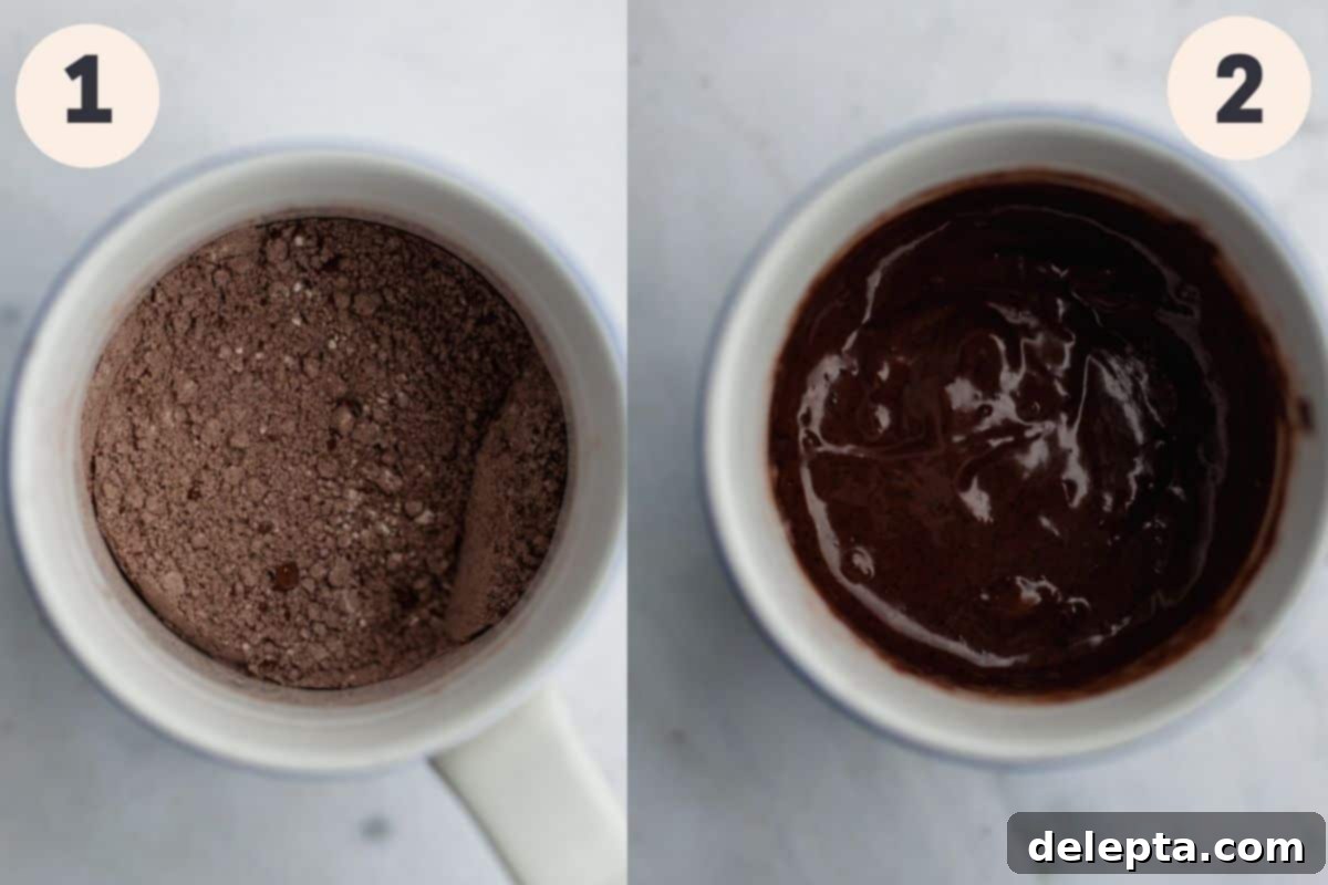 Velvet Mug Bliss 4 A two-part image showing the process of making a mug cake. First, a mug with dry ingredients, then the addition of wet ingredients being mixed in.