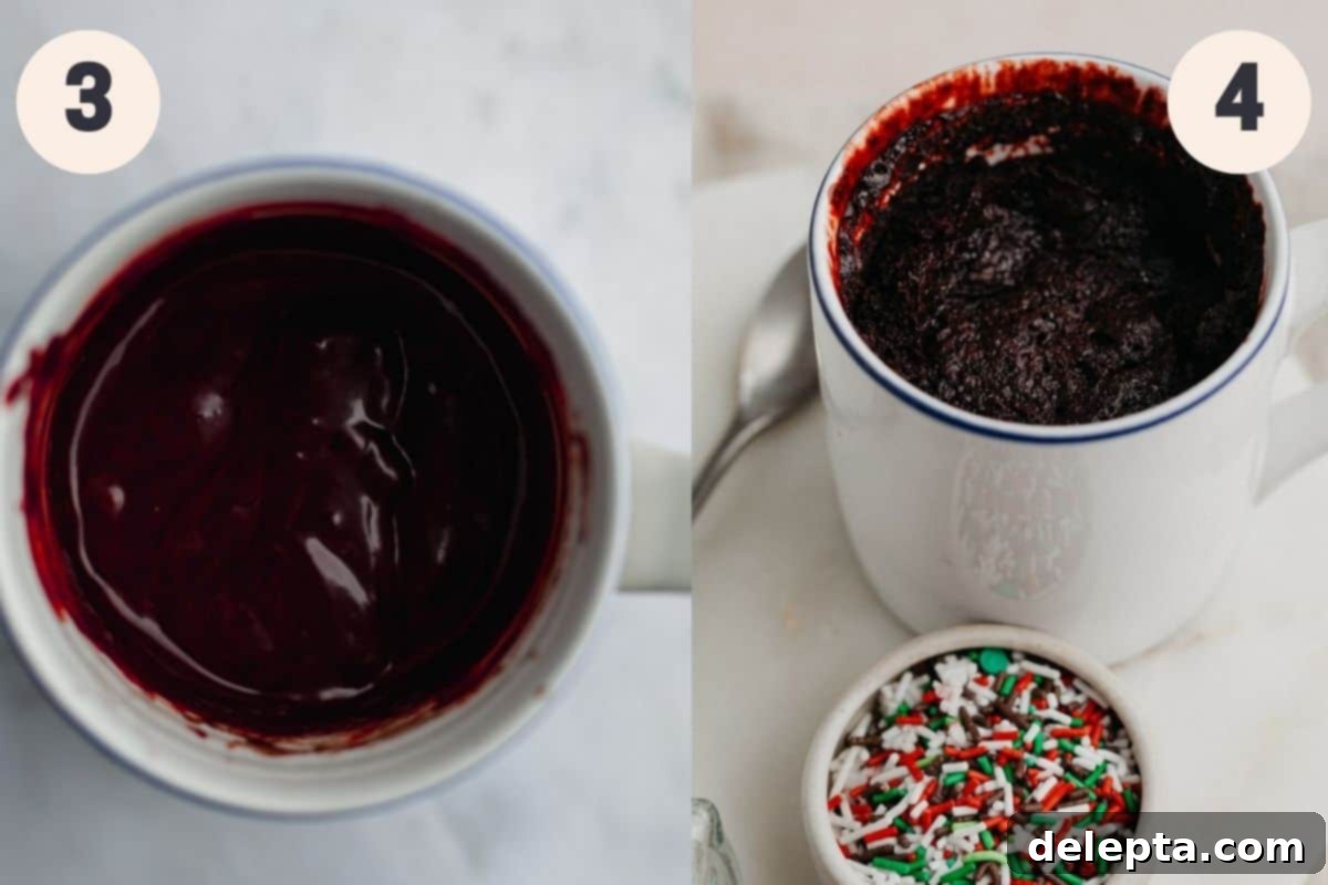 Velvet Mug Bliss 5 A two-part image showing the progression of a red velvet mug cake. First, cake batter in a mug with red food coloring being mixed in, then a fully baked red velvet mug cake in the same mug.