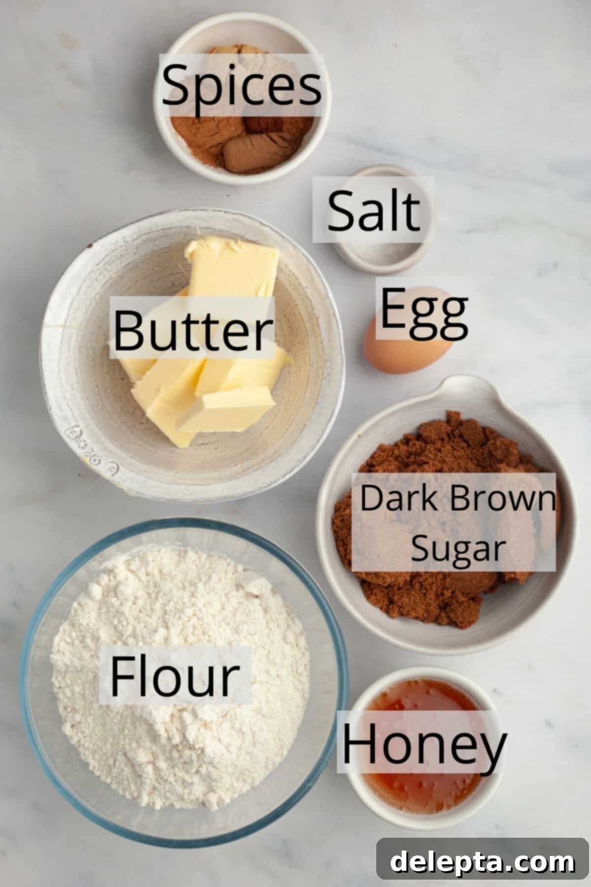 Bright Gingerbread Cookies 3 All the dry and wet ingredients for molasses-free gingerbread cookies measured into separate small bowls.