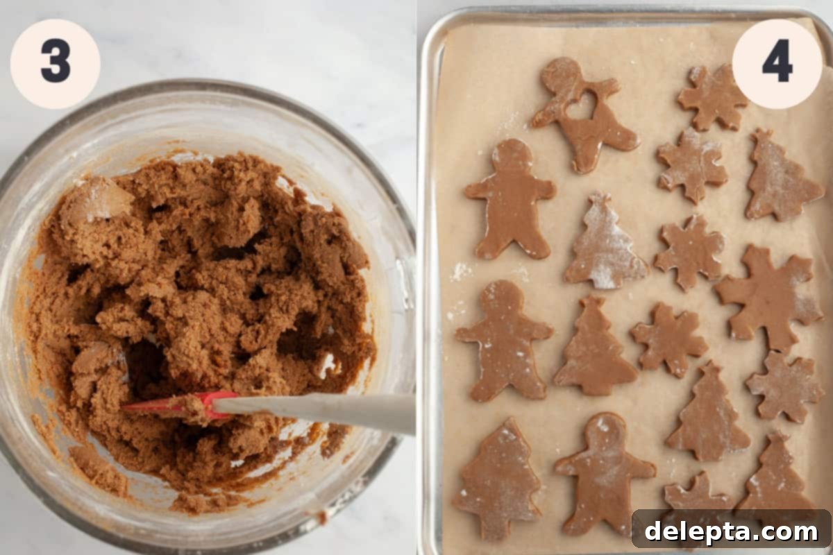 Bright Gingerbread Cookies 5 A close-up of gingerbread cookie dough in a bowl, and raw cut-out gingerbread cookies arranged on a baking sheet.