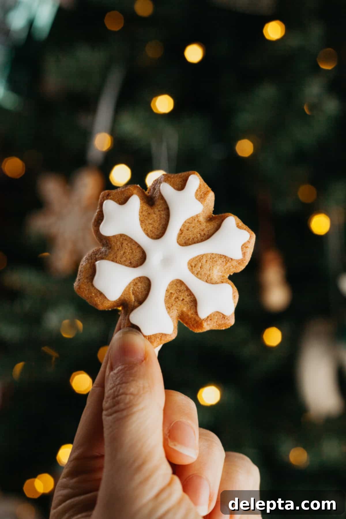 Bright Gingerbread Cookies 7 A hand gently holding a beautifully decorated snowflake-shaped gingerbread cookie.