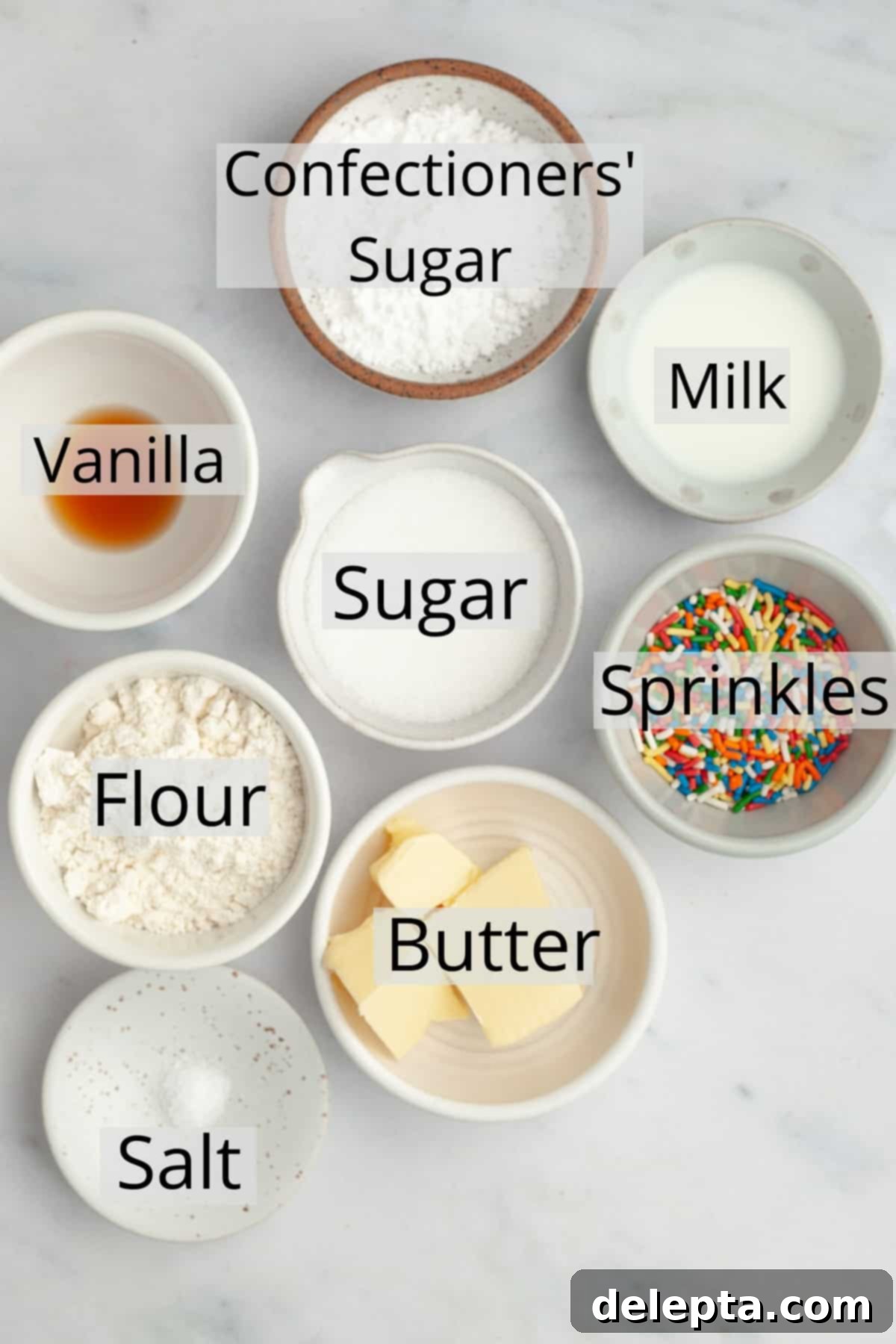 No-Bake Sugar Cookie Dough 3 All the ingredients needed to make edible sugar cookie dough, weighed out into small bowls.