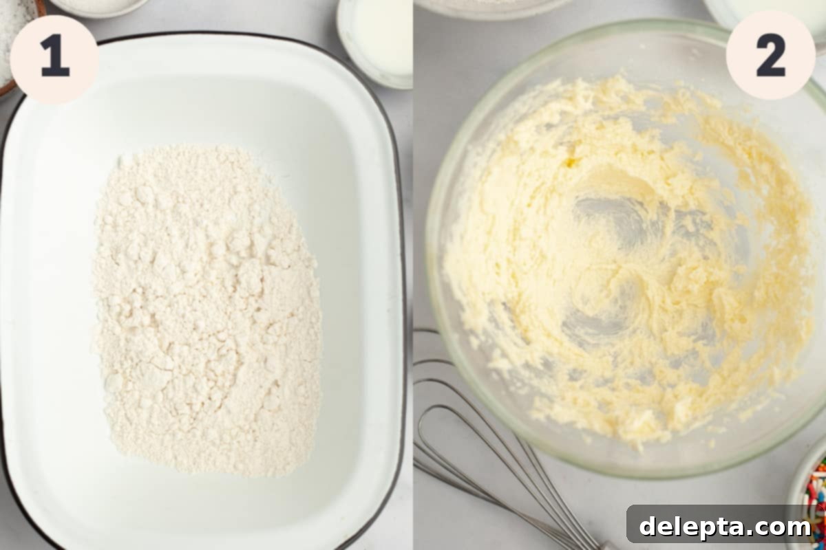 No-Bake Sugar Cookie Dough 4 Flour in a tray and a bowl with creamed butter in it.