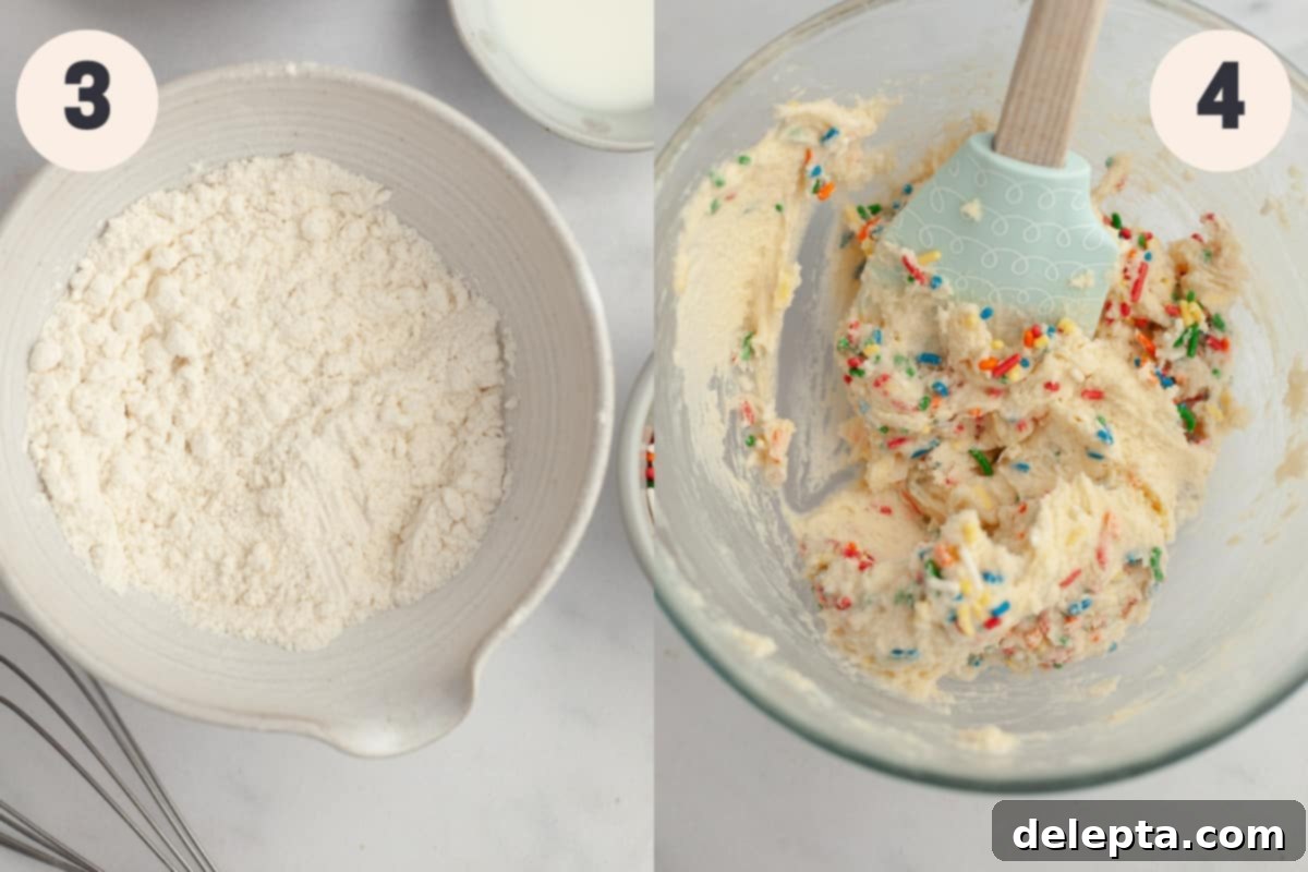 No-Bake Sugar Cookie Dough 5 Sprinkle sugar cookie dough in a glass bowl.