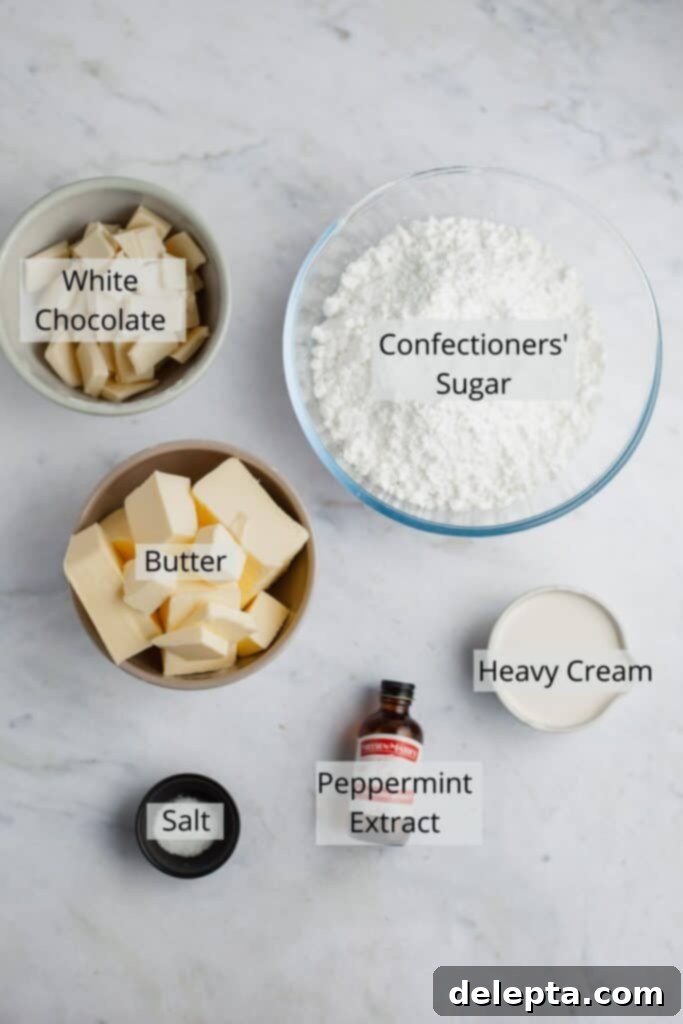 Frosted Peppermint Eggnog Drip Dream 4 All the necessary ingredients for a creamy peppermint buttercream and a glossy white chocolate drip, neatly arranged in small bowls.