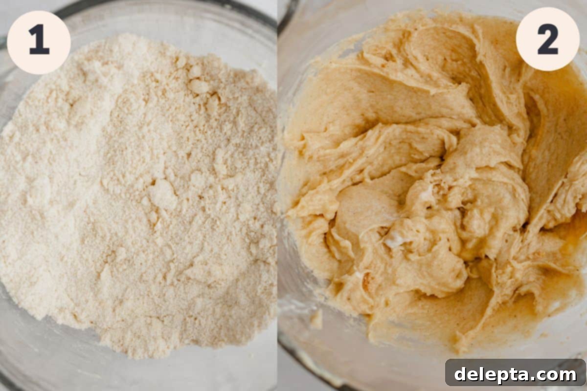 Frosted Peppermint Eggnog Drip Dream 5 Step-by-step photos showing the initial mixing of dry ingredients and butter for the eggnog cake batter.