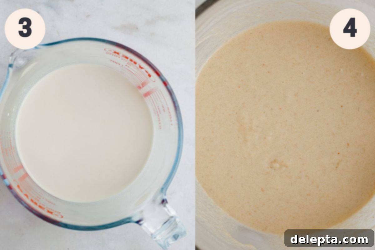 Frosted Peppermint Eggnog Drip Dream 6 Step-by-step photos illustrating the addition of liquid ingredients to the eggnog cake batter.