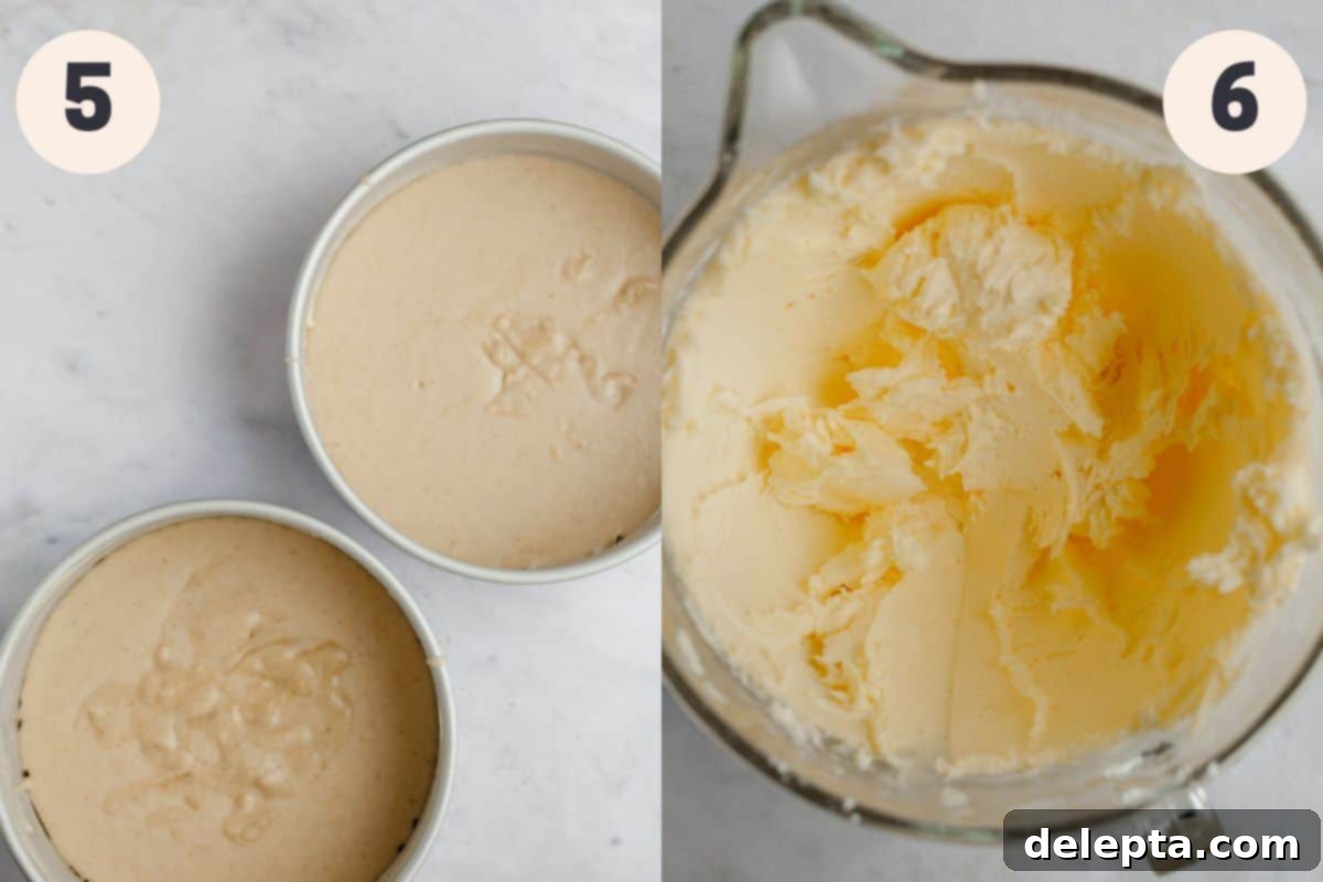 Frosted Peppermint Eggnog Drip Dream 7 Step-by-step photos showing cake batter poured into pans and creamy buttercream in a mixer.
