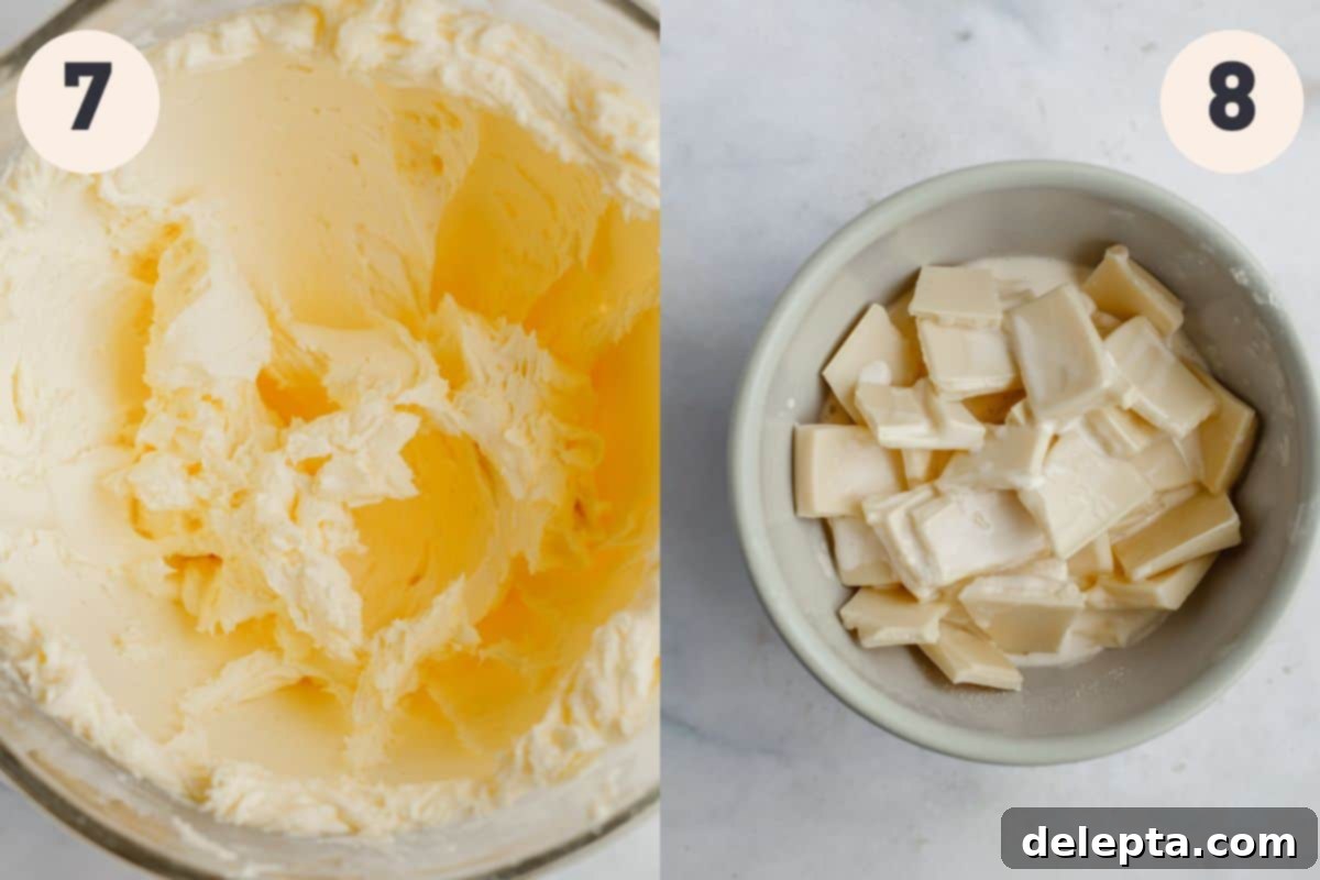 Frosted Peppermint Eggnog Drip Dream 8 Step-by-step photos showing flavorful additions to the buttercream and preparing white chocolate for ganache.
