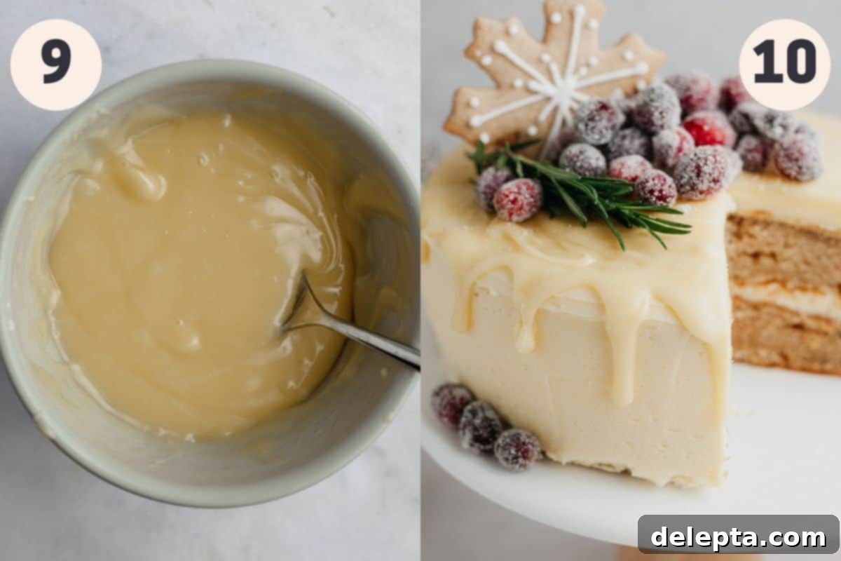 Frosted Peppermint Eggnog Drip Dream 9 Step-by-step photos illustrating the creation of smooth white chocolate ganache and the final decorated cake with a slice being removed.