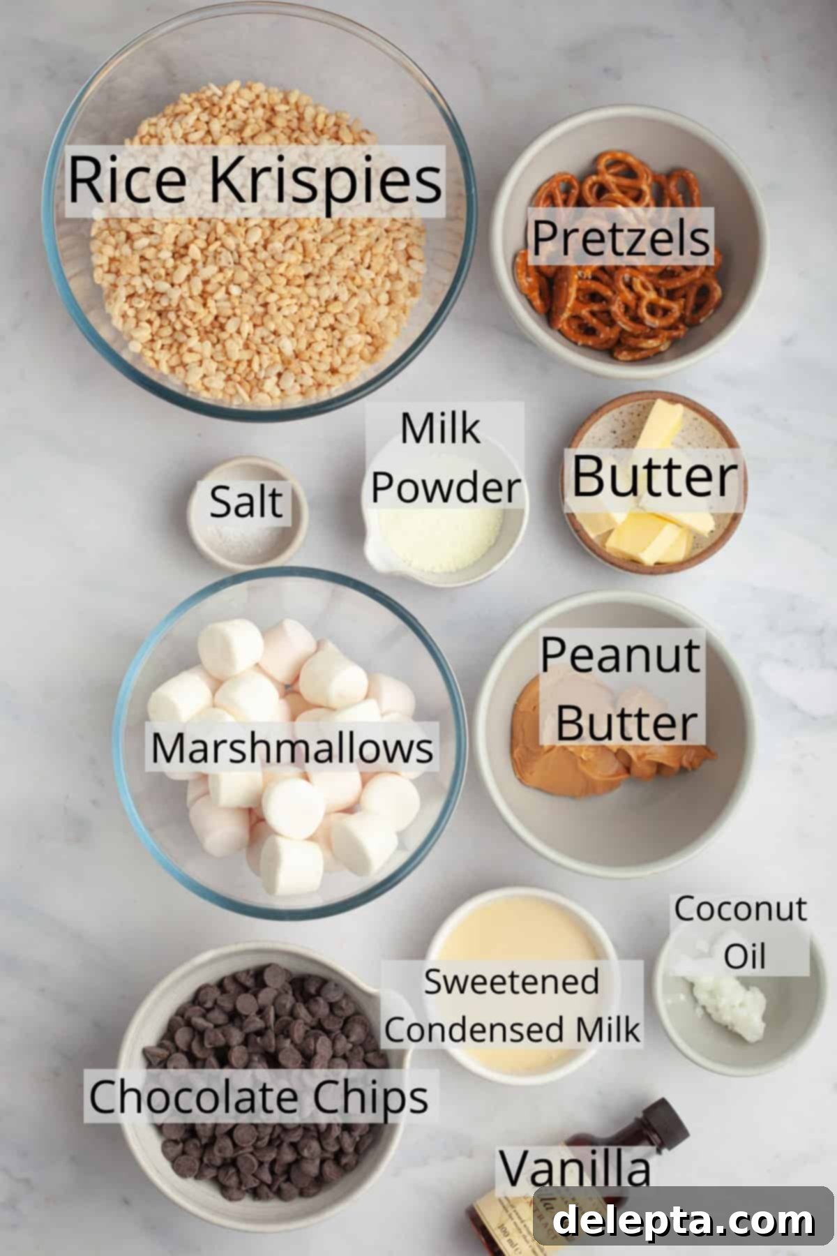 Decadent Chocolate Peanut Butter Rice Krispie Treats 3 All the ingredients needed to make chocolate peanut butter rice krispie treats.