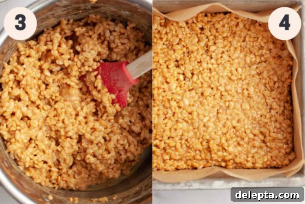 Decadent Chocolate Peanut Butter Rice Krispie Treats 5 steps 3 and 4 in the chocolate peanut butter rice krispie treat baking process.