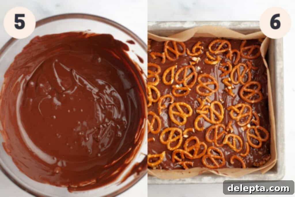 Decadent Chocolate Peanut Butter Rice Krispie Treats 6 steps 5 and 6 in the chocolate peanut butter rice krispie treat baking process.
