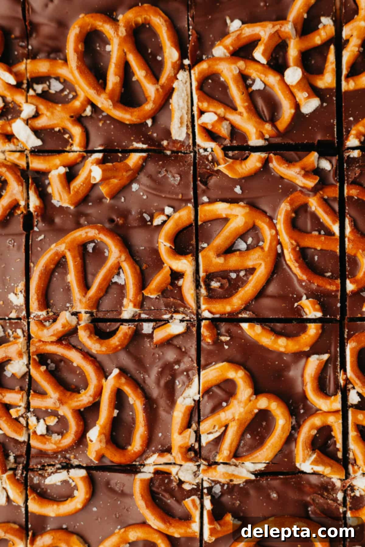 Decadent Chocolate Peanut Butter Rice Krispie Treats 7 An overhead shot of pretzel and chocolate rice krispie squares.