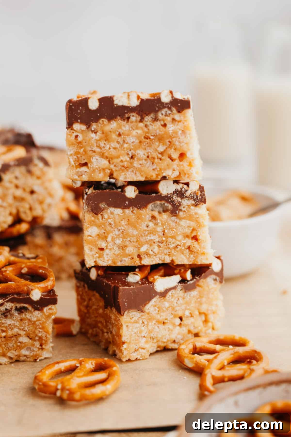 Decadent Chocolate Peanut Butter Rice Krispie Treats 8 A stack of three chocolate peanut butter rice krispie treats.