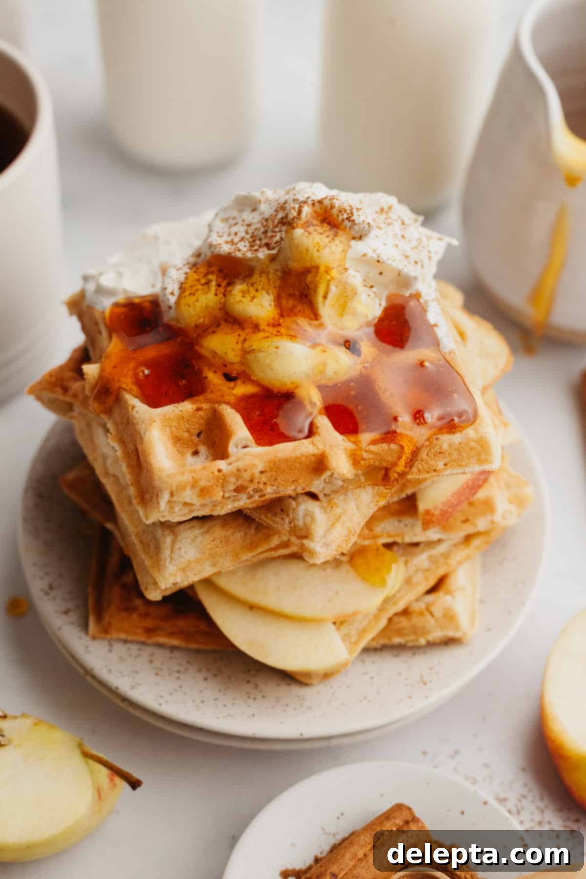 Apple Pie Waffles 7 A beautifully presented stack of apple waffles, adorned with fresh apple slices and creamy whipped cream.