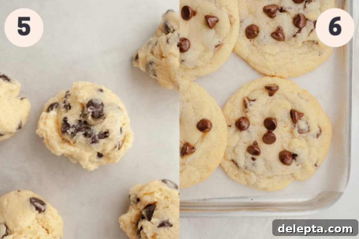 Crispy Golden Chocolate Chip Cookies 6 Unbaked cookie dough balls alongside perfectly baked chocolate chip cookies, both resting on parchment paper-lined baking sheets.
