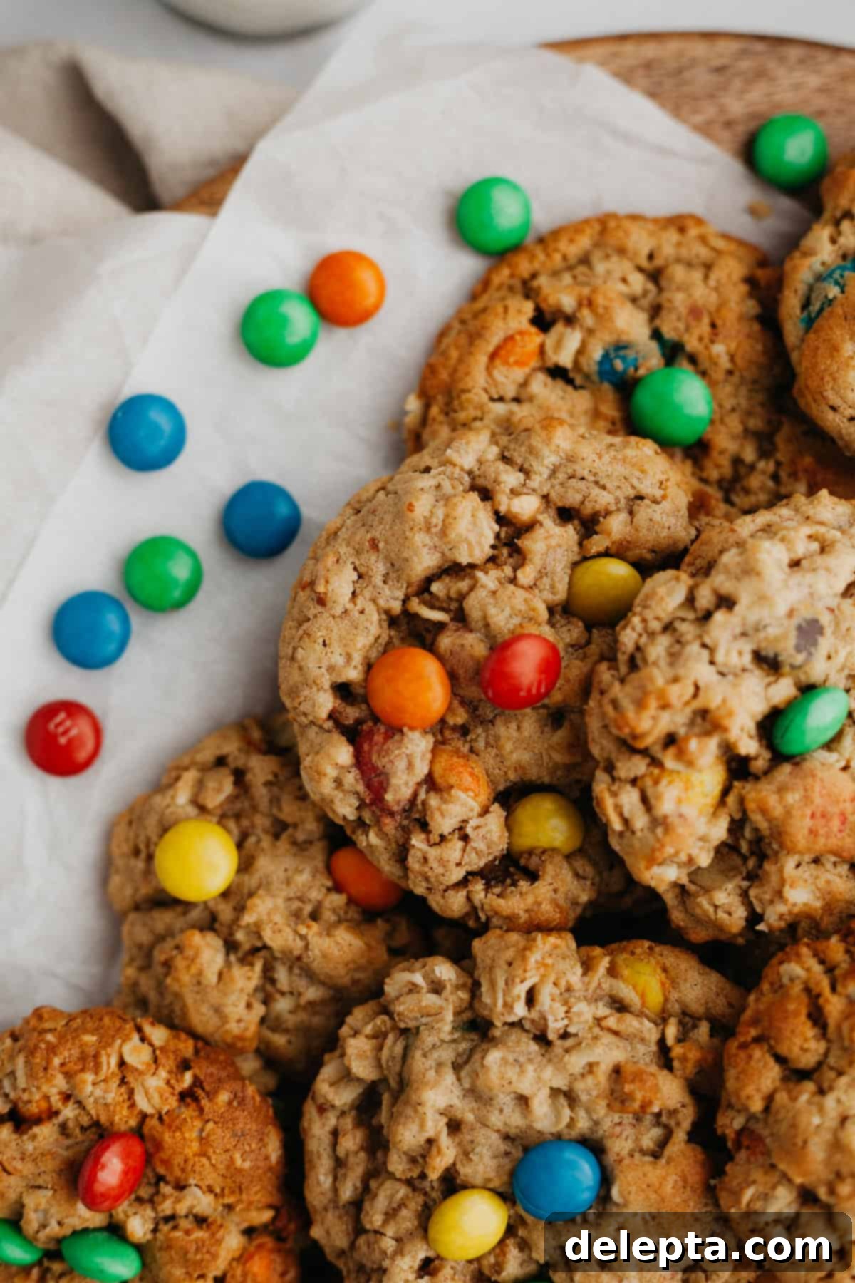 M and M Loaded Peanut Butter Oatmeal Cookies 2 Perfectly baked peanut butter oatmeal M&M cookies cooling on parchment paper.