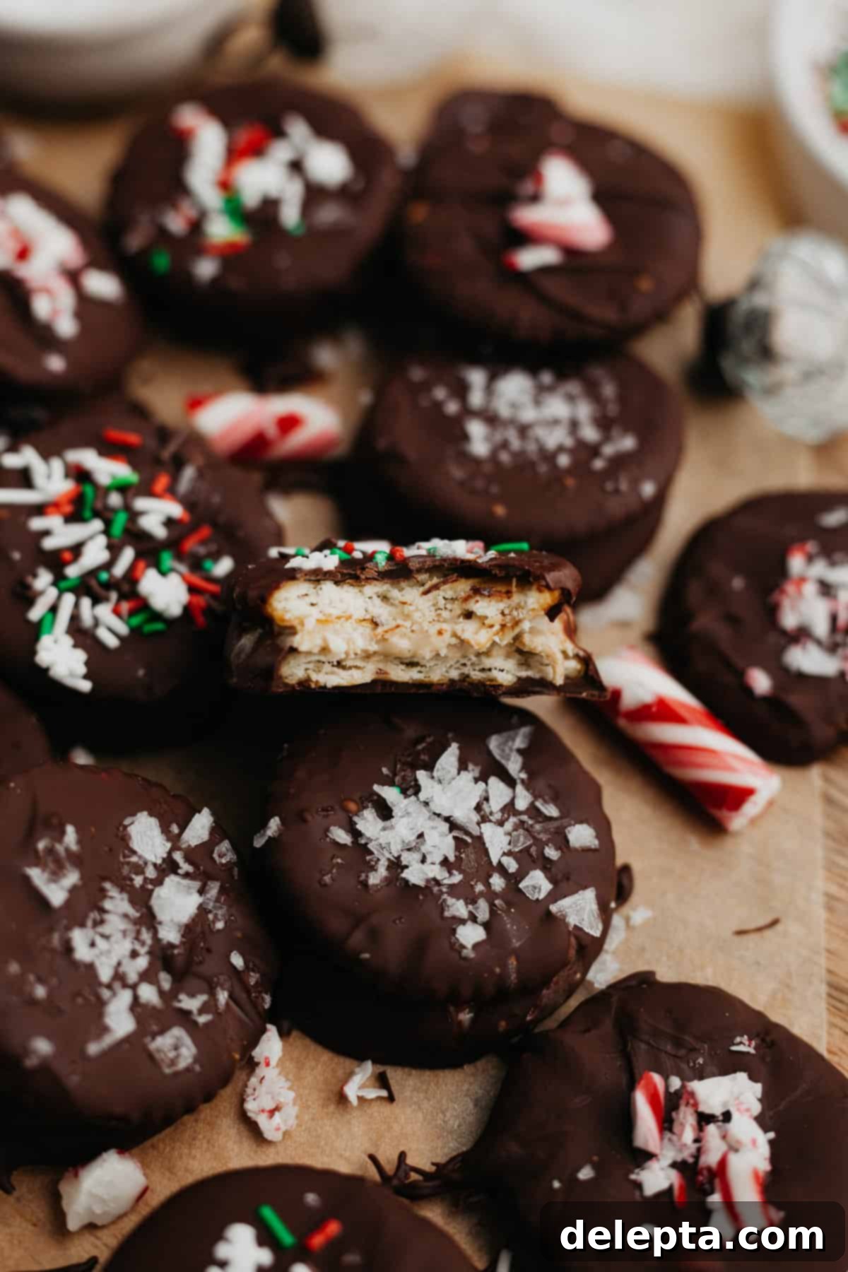 Effortless Holiday No-Bake Treats 2 Chocolate no bake Christmas cookies dipped in chocolate and topped with festive sprinkles on parchment paper. One cookie has a bite taken out of it, showing the creamy filling.