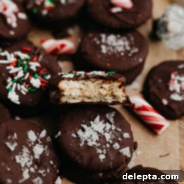 Effortless Holiday No-Bake Treats 9 Chocolate no bake Christmas cookies dipped in chocolate and topped with Christmas sprinkles on parchment paper. One cookie has a bite taken out of it.
