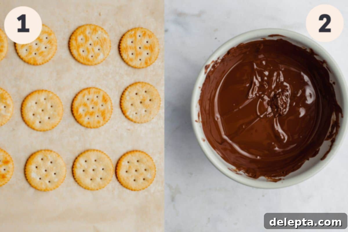Effortless Holiday No-Bake Treats 5 Ritz crackers arranged in rows on parchment paper next to a small bowl of melted chocolate.