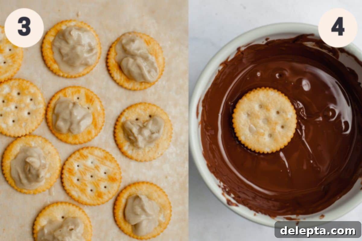 Effortless Holiday No-Bake Treats 6 Ritz crackers with a dollop of tahini on each, next to a small bowl of melted chocolate.