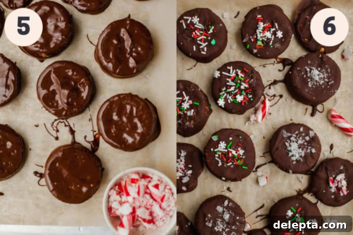 Effortless Holiday No-Bake Treats 7 Chocolate-dipped Ritz cracker sandwiches drying on parchment paper, and a close-up of finished chocolate sandwich cookies topped with festive sprinkles.