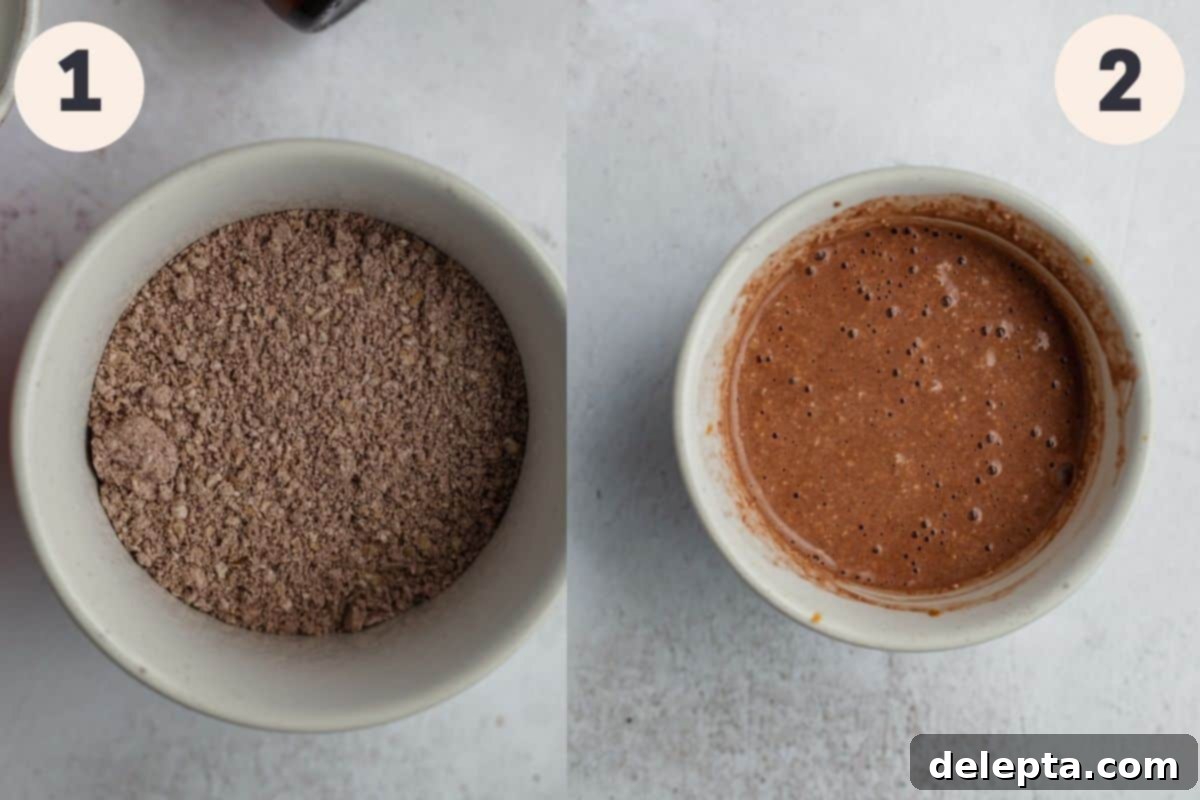 Sunshine Chocolate Orange Baked Oats 4 A white ramekin containing dry blended oats and cocoa powder, followed by an image of milk and other wet ingredients being whisked into the mixture.