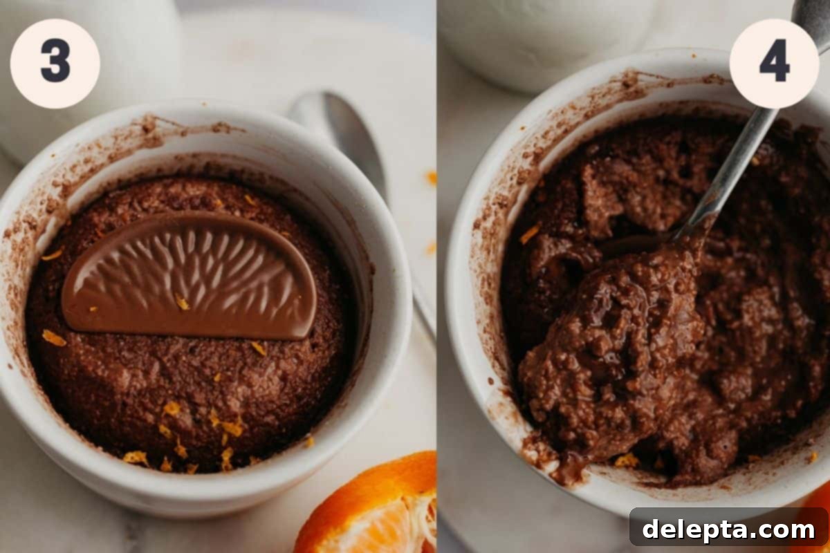 Sunshine Chocolate Orange Baked Oats 5 A white ramekin with chocolate orange oats baking in the oven, followed by a close-up shot of a spoon scooping out a portion of the finished oats.