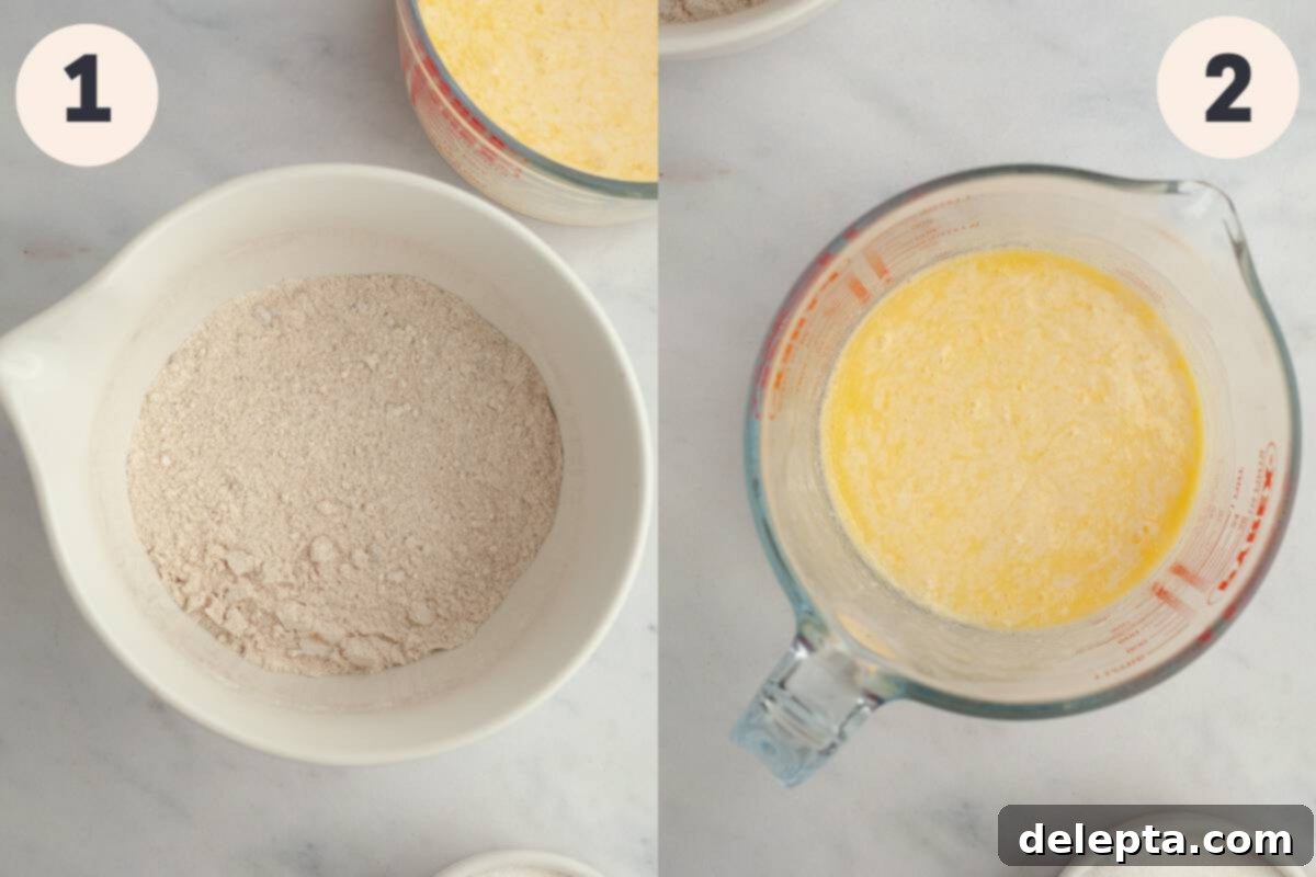 15-Minute Cinnamon Donut Magic 4 Flour in a bowl and a jug with a yellow mixture in it, representing dry and wet ingredients.