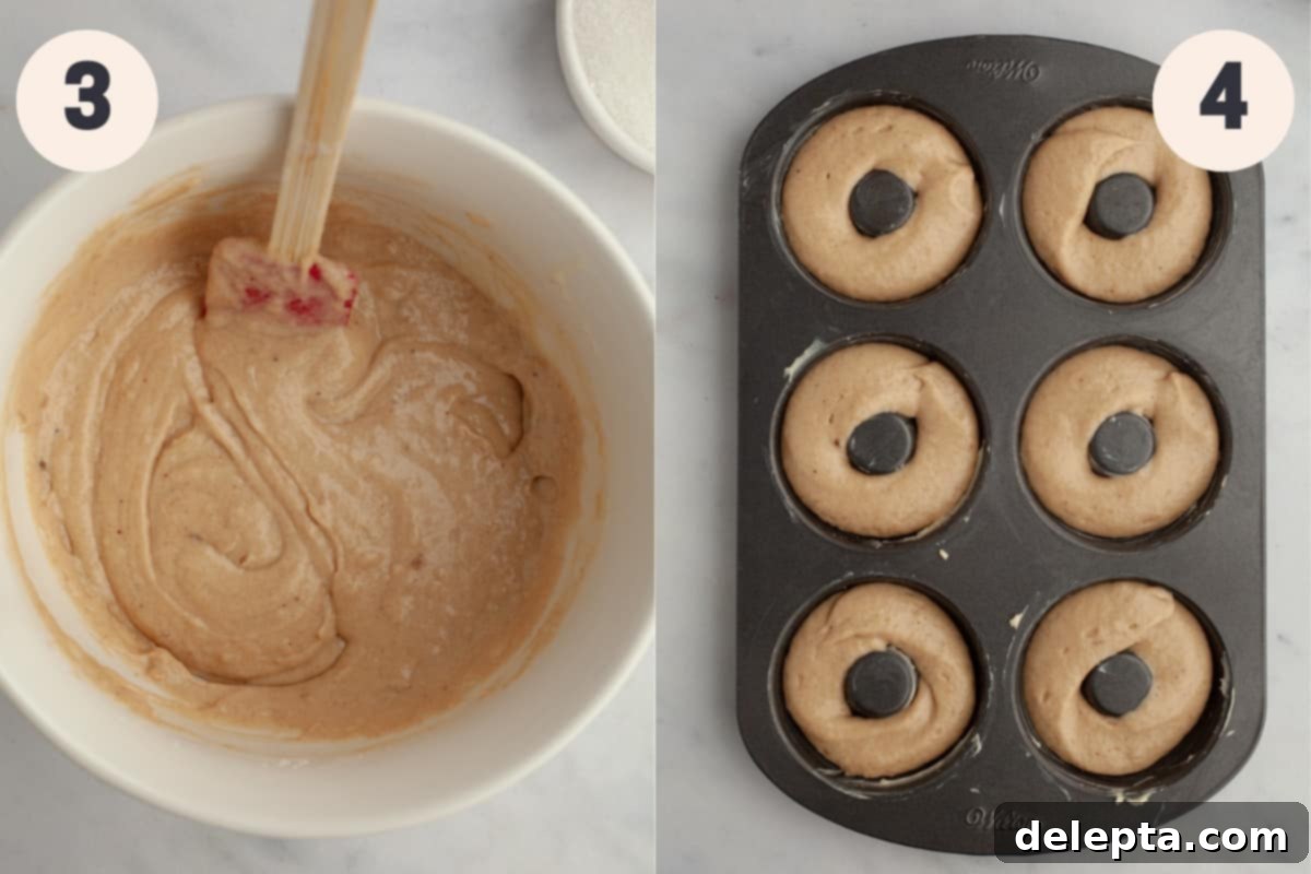 15-Minute Cinnamon Donut Magic 5 A bowl with donut batter in it and a donut pan with unbaked donuts, showing the batter consistency.