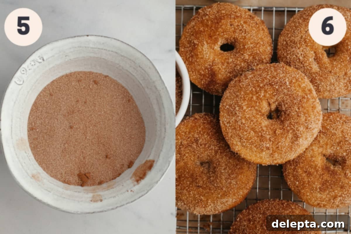 15-Minute Cinnamon Donut Magic 6 Cinnamon sugar in a bowl and cinnamon donuts on a wire rack, ready for coating.