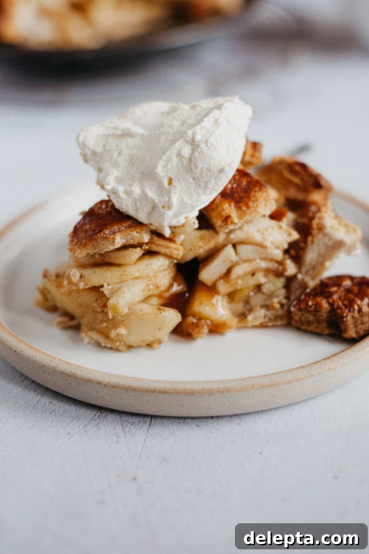 Fireside Bourbon Apple Pie 2 A perfectly baked slice of bourbon apple pie, showcasing its golden-brown lattice crust and rich apple filling, topped with a dollop of fresh whipped cream.