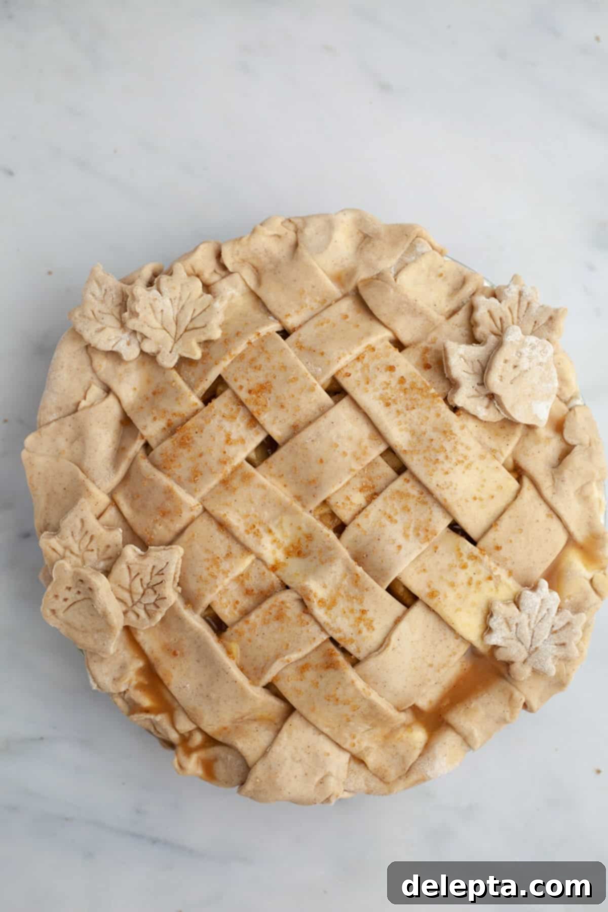 Fireside Bourbon Apple Pie 14 An unbaked apple pie with a beautifully woven lattice top crust, brushed with egg wash and ready for baking.