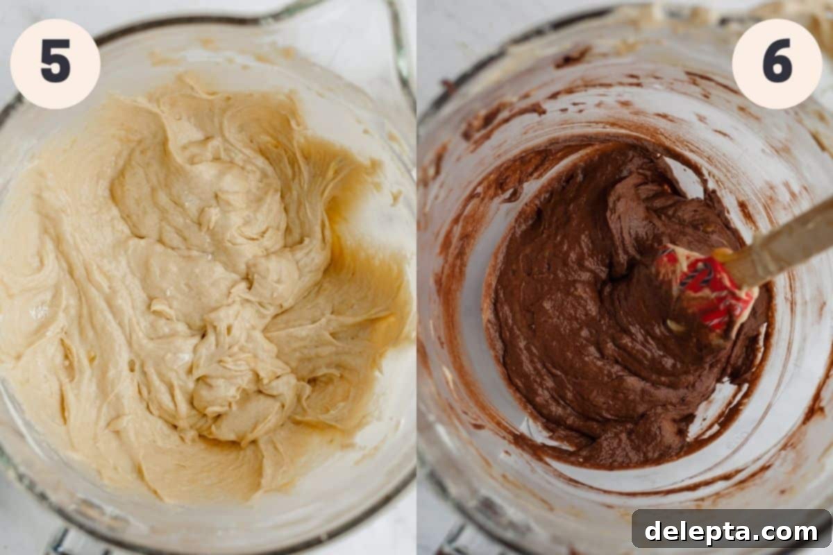 Chocolate-Tahini Swirled Banana Bread with Creamy Tang 6 A mixing bowl filled with light-colored batter, contrasted with another bowl containing rich, dark chocolate banana bread batter, highlighting the two distinct components.