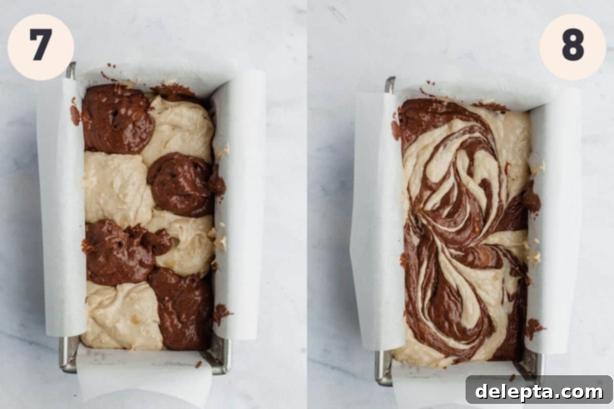 Chocolate-Tahini Swirled Banana Bread with Creamy Tang 7 A loaf pan half-filled with alternating scoops of plain and chocolate tahini batter, followed by an image of the batters gently swirled together.