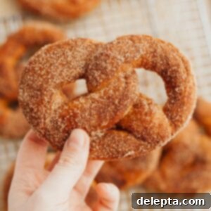 Warm Cinnamon Sugar Soft Pretzels 12 A woman's hand holding a cinnamon sugar soft pretzel.