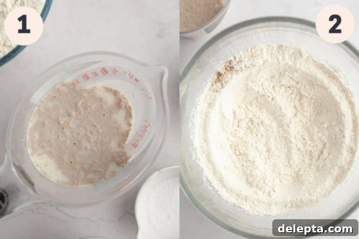 Warm Cinnamon Sugar Soft Pretzels 5 Step 1 shows lukewarm milk, sugar, and yeast mixing. Step 2 shows dry ingredients like flour, salt, and butter in a stand mixer.