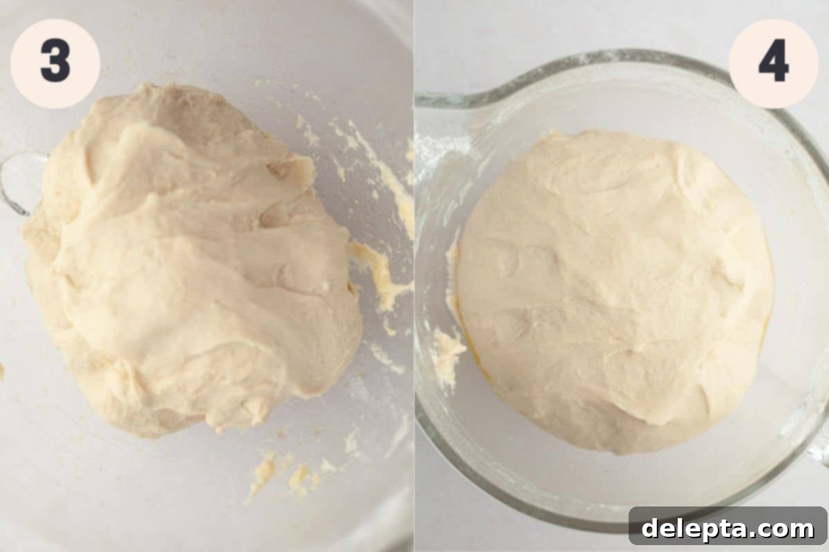 Warm Cinnamon Sugar Soft Pretzels 6 Step 3 shows the warm milk mixture and water being poured into the stand mixer with the dry ingredients. Step 4 shows the dough in an oiled bowl, covered with plastic wrap, ready for its first rise.